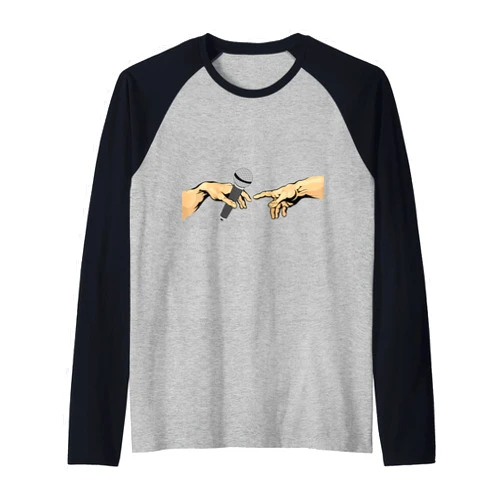 Creation of Adam Michelangelo Presenter Host Creation of Adam Michelangelo Microphone Moderator Art Raglan Baseball Tee