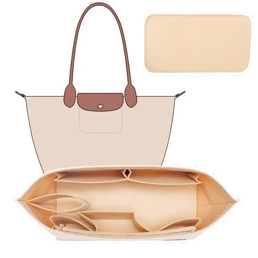 OAikor Tote Bag Organizer Insert with Base Shaper,Felt Bag Organizer Insert Compatible with Le pliage Large,neverfull MM,C.oach City 33,G.oyard PM and More, Purse Insert for Bags,Beige/L