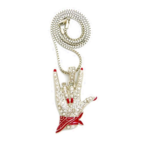 NYFASHION101 Stone Stud Rock 'n' Roll Hand Sign Pendant with 2mm Box Chain Necklace in Silver-Tone