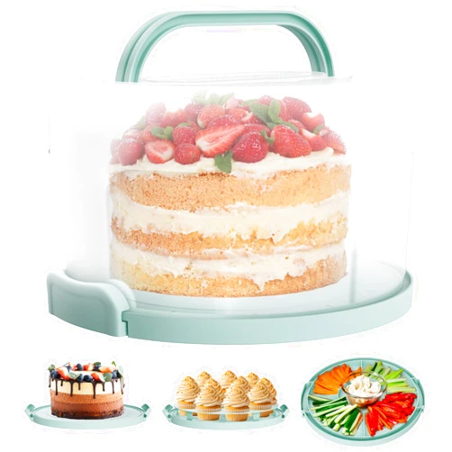 Davlan Cake Carrier with Lid and Handle - Multipurpose Cake Stand with Lid for 10” Cake, Pie, Cupcakes - Cake Holder & Lid, Plastic Cake Container, Round Cake Cover for Transport & Storage (Seafoam Green)