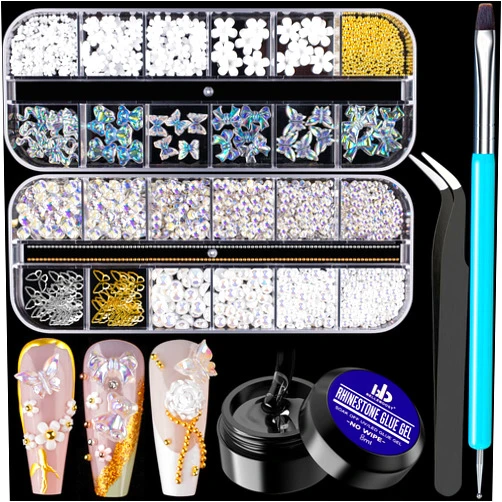 BELLEBOOST Mixed 3D Nail Art Gem Decoration Accessories Kit #5, Aurora Bear Bow Butterfly Starry AB Rhinestone Charm Jewelry for Deco, Pearl Flower Caviar Bead Stone Crystal with Dual-End Brush and Tweezer