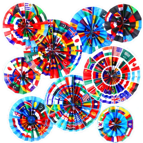 Outus 9 Pcs International World Flags Classroom Decorations Around The World Hanging Paper Fans Country Flags of The World Decor Party Banner Garland for Office Classroom Decor