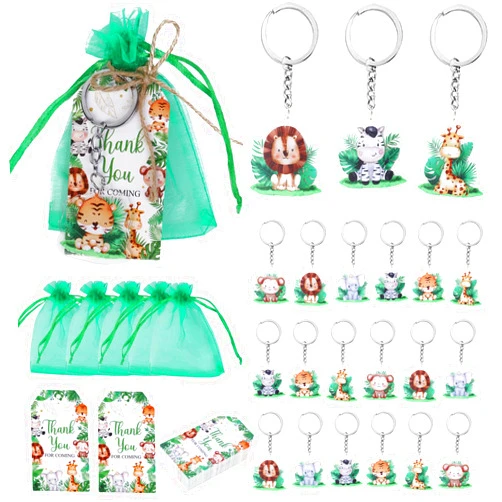Serencatcher Safari Baby Shower Party Decorations, Safari Keychain Party Favors with Zoo Animal Keychains Jungle Safari Thank you Gift Tags Organza Bags for Wild Two Birthday Baby Shower Party Supplies