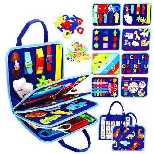 Esjay Toddler Busy Board Montessori Toys, Sensory Board Educational Activities for Learning Fine Motor Skills, Gifts for Girls Boys Toddlers, Travel Toys for Airplane Car,Blue Dinosaur