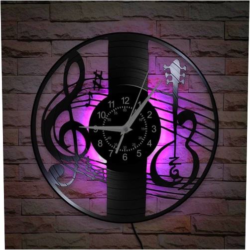 TIMEGLOW Treble Clef Music Note Wall Clock, 12'' 7 Colors Luminous Classical Music Violin Wall Clock Silent Quartz Non Ticking, Modern Decorative Night Light LED Vinyl Record Wall Clock for Music Room