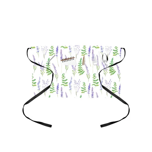 Anzona Spring Floral Server Aprons with 3 Pockets, Purple Green Botanical Lavender Waist Aprons for Women Men, Waitress Waiter Half Apron for Kitchen Chef Cooking