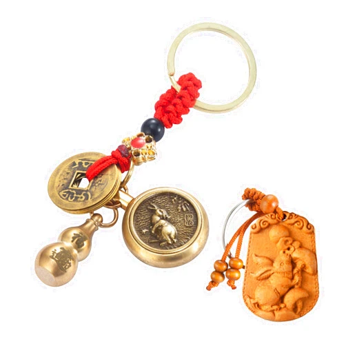 Wangenbro 2 in 1 Feng Shui Wu Lou Brass Gourd 12 Zodiac Wood Carved Lucky Key Chain for Chinese Style Gifts(Rabbit)