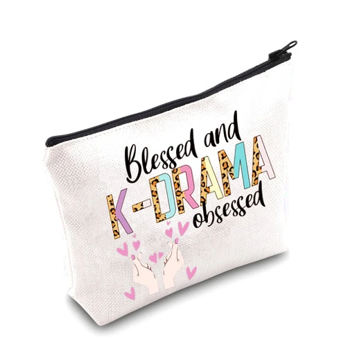 LEVLO Korean Drama Cosmetic Make Up Bag K-Drama Lover Gift Blessed And K-DRAMA Obsessed Makeup Zipper Pouch Bag (Blessed And K-DRAMA)