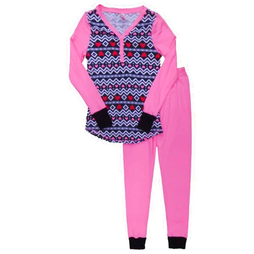 NoBo Womens Pink Black & White Nordic Print Pajamas Aztec Thermal Sleep Set