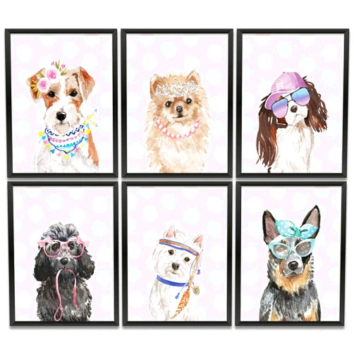 Gubrandin 6PCS Watercolor Dog Animal Nursery Decor Cute Dog Wall Art Prints Paintings for Home Bedroom Farmhouse Girls Boys Room Funny Boho Dots Country Mom Gifts (8x10 inch, Unframed)