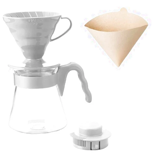 Hario V60 Pour Over Starter Set with Dripper, Glass Server and Filters, Size 02, Pale Grey