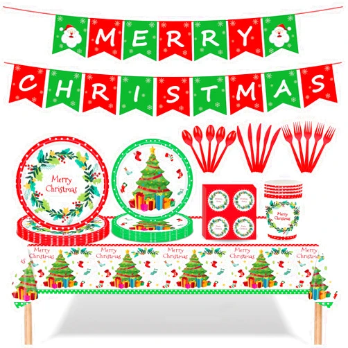 LEFIMOT 185PCS Christmas Party Supplies Tableware Set, Christmas Party Decorations Supplies Includes Paper Plates, Banner, Napkins, Cups ,Tablecloth,Balloons,for Xmas Themed Holiday Party Decorations Serve 24