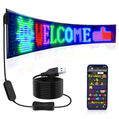 RAYHOME Scrolling Huge Bright Advertising LED Signs, Flexible USB 5V LED Store Sign Bluetooth App Control Custom Text Pattern Animation Programmable LED Display for Store Car Bar Hotel (27''x5'')