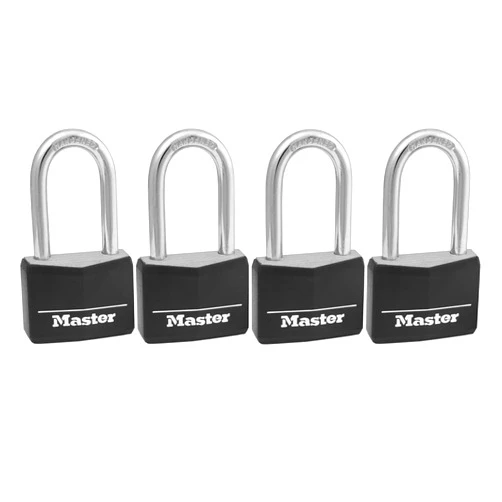 Master Lock Covered Aluminum Padlock with Key, 141QLF, 4 Pack Keyed Alike , Black