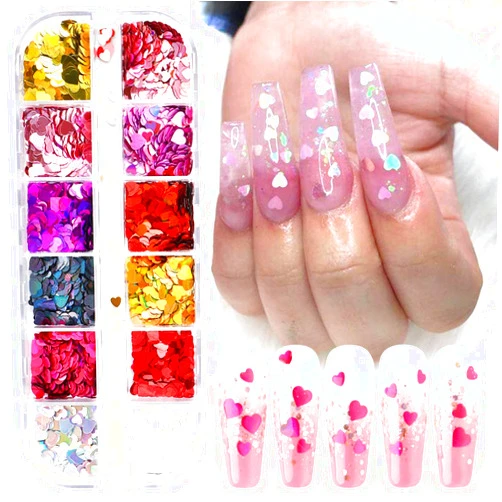 SARATA Valentine Heart Nail Glitters Sequins Heart Nail Decals 12Colors Heart Nail Art Confetti 3D Holographic Shiny Nail Flakes Acrylic Valentine's Day Nail Art Supplies Nail Art Decorations Accessories