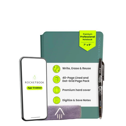 Rocketbook Pro Smart Reusable Notebook, Lined & Dotted Interchangeable Pages, For Work and Business Meetings, Executive 7x9, Green