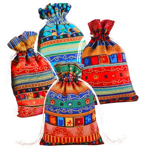 PINOWU Ethnic Style Drawstring Gift Bag 5x7 Cotton Reusable Pouches (12pcs) Jewelry Coin Pouches Biodegradable Eco-Friendly Sachet Bags for Candy Wedding Party Valentine Favors