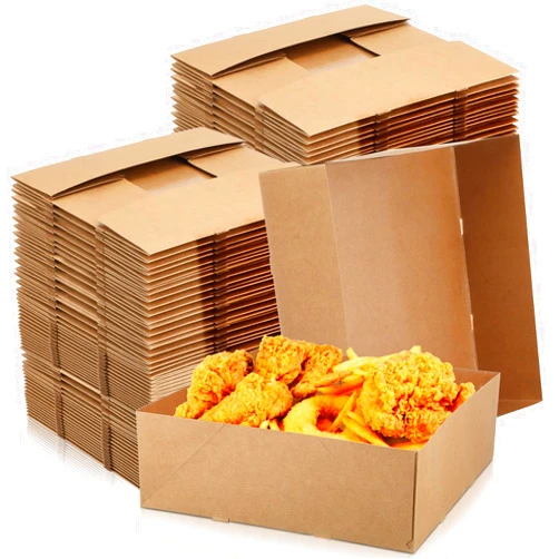 Teling Kraft Paper Food Trays Disposable Foldable Paperboard Food Container Boxes Tray 4 Corner Pop up Serving Basket Tray Brown Fast Food Holders for Party Stadiums Theaters