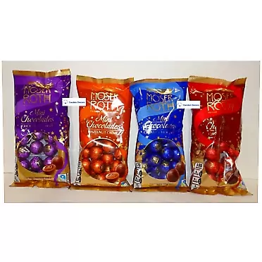 Moser Roth Mini Chocolates: Creamy Chocolate, Dark 70% Cocoa, Hazelnut Crème, Chocolate Crème, 5.3oz 150g (Four Bags)