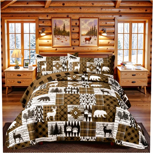 Tritard 2 Piece Cabin Quilt Sets Twin Size Farmhouse Rustic Reversible Microfiber Soft Lightweight Bedspread Comforter with 1 Sham Patchwork Country Lodge Bedding Quilts Set for All Season, 68''x86'', Brown