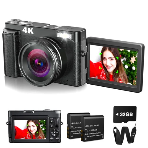 Bifevsr 4K Digital Camera for Photography with 32GB Card Autofocus 48MP Vlogging Camera for YouTube with Flash Anti-Shake 16x Zoom 3 180 Flip Screen Compact Travel Camera for Teens Adults