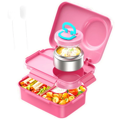 DaCool Kids Bento Box with Thermo for Hot Food Leakproof 1500ml Lunchbox for Kids with 5oz Small Thermo for Kids Girls with Fork Spoon for Dining Out Work School, Pink