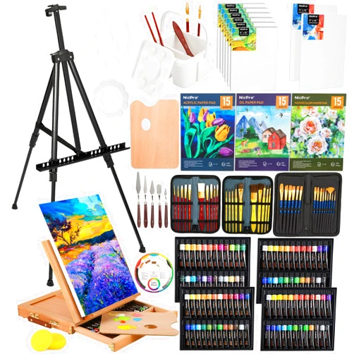 Nicpro 158PCS Deluxe Large Painting Kit with Metal and Solid Beech Wood Easel, Acrylic, Oil & Watercolor Paint Set, Paint Brushes, Canvases, Palette, Paper Pad, Professional Art Set for Adults Artist
