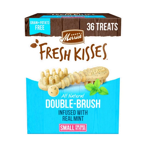 Merrick Fresh Kisses Natural Dental Chews, Toothbrush Treat Shape Infused With Real Mint, Small Dogs 15-25 Lbs - 36 ct. Box