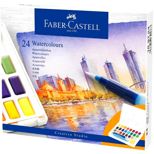 Faber-Castell Portable Watercolor Set Water Half Pans with Mixing Palette and Painting Accessories, 24 Count (Pack of 1), 24 Colors