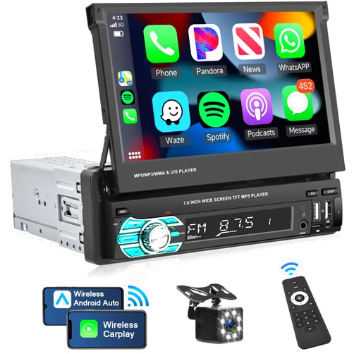 Podofo Wireless Apple Carplay Single Din Car Stereo 7 Inch HD Flip Out Touchscreen Car Radio with Wireless Car Play Android Auto, Bluetooth, Type-C/USB/TF/AUX, SWC, FM, Voice Control, Backup Camera