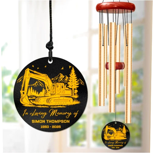 AlpadilAndCo Personalized Excavator Memorial Wind Chime – “in Loving Memory” Custom Engraved Name & Years – Construction Worker Sympathy Gift – Windchime for Loss of Loved One – Equipment Operator Tribute Décor