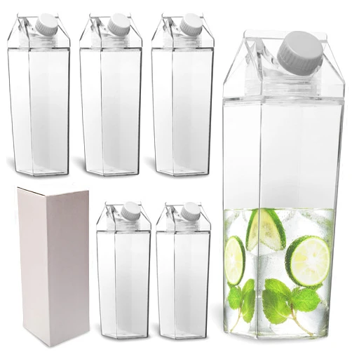 PREMIUM SIP Milk Carton Water Bottles 6 Pack - 17OZ/500ml Each - Clear Plastic, Unique, Stylish Design - Decorate Transparent Square Water Containers - Coffee - Gifts for Family/Friends (White Set)