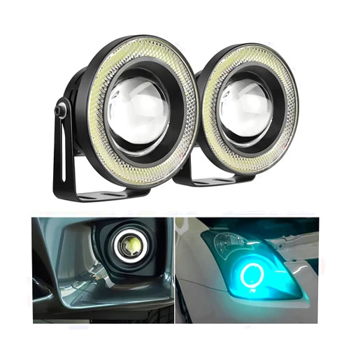 AICEL 2PCS Car Angel Eye Fog Light, Round COB LED Lamp High Power Bright with White Halo Angel Eye Rings Headlight, Universal Daytime Running Light DRL Car Driving Bulbs Projector (Light Blue)