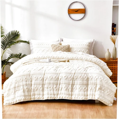 Dinjoy Boho Comforter Set King,White Bed in Bag King Size,Fluffy Farmhouse Comforters Shabby Chic Bedding Set Geometric Cream Lightweight Modern Bed Set 3PCS