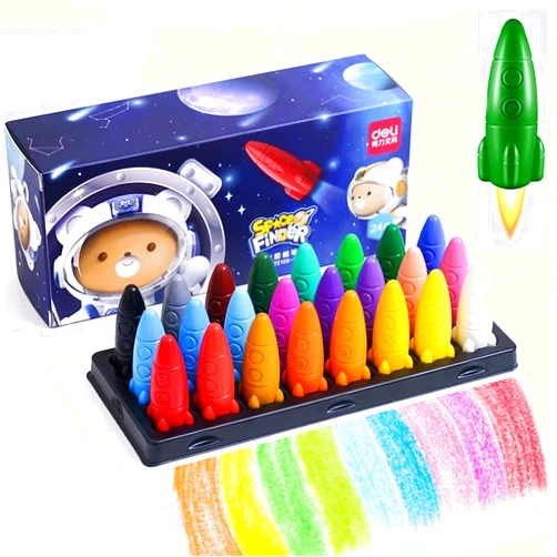 ZY-Wisdom children's rocket-shaped space color crayons, 24 colors non-toxic crayons, easy to grip washable children's crayons, safe coloring art school supplies gift set (24)