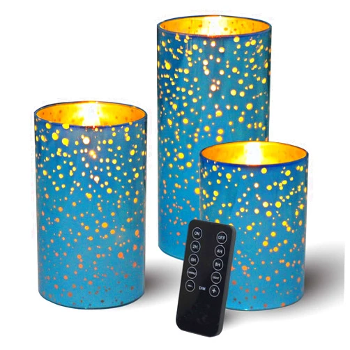 LIVILLA Blue Glass Flameless Candles with Remote & Timer, Led Flameless Candles, Battery Operated Flameless Pillar Glass Candles