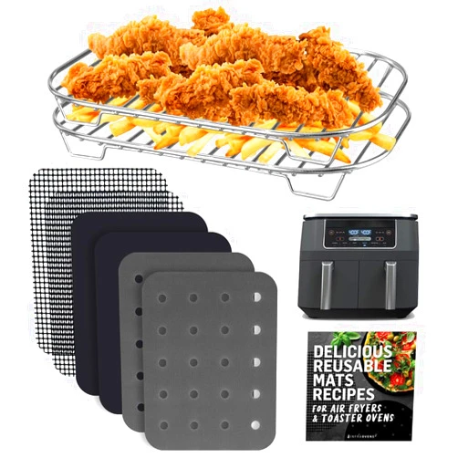 INFRAOVENS Accessories for Ninja Dual 2 Basket Air Fryer 10 QT DZ401 & 8 QT DZ201, Racks for Foodi Dual Zone, Reusable Liner Sheets for Double Airfryer, 9pcs Kitchen Accessory Set with Recipe Book by INFRAOVENS