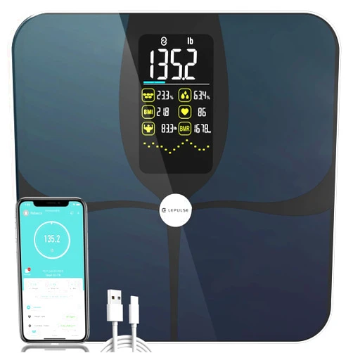 Lepulse Body Fat Scale, Lepulse Large Display Scale for Body Weight, Accurate Digital Bathroom Scale, Rechargeable BMI Smart Weight Scale with Body Fat Muscle Heart Rate, 15 Body Composition, FSA/HSA eligible