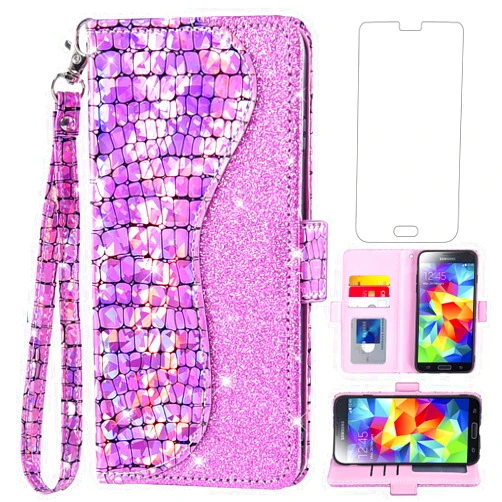Asuwish Phone Case for Samsung Galaxy S5 Wallet Cover with Screen Protector and Wrist Strap Flip Card Holder Bling Glitter Cell Glaxay S 5 Neo Gaxaly 5S Galaxies GS5 G900A G900T Women Girls Pink