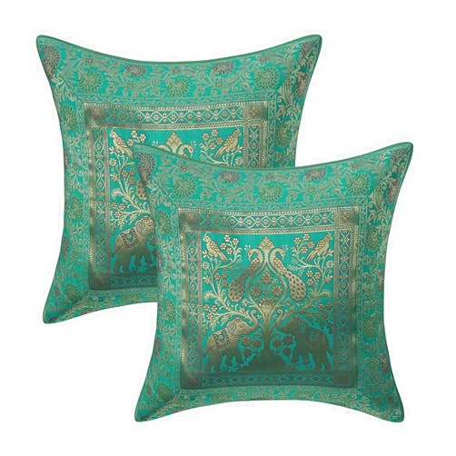 Real Online Seller Indian Ethnic Hand Embroidery Elephant Print Decorative Silk Cushion Cover (16 x 16 Inches, Green Elephant)