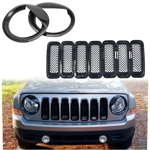 Bolaxin ABS Bezels Front Light Headlight Cover Angry Bird Style & Mesh Grille Grill Insert Kit Trim For Jeep Patriot Accessories 2011-2017 Jeep Mods Black Decoration (9 PCS)