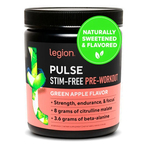 LEGION Pulse Pre Workout Supplement - All Natural Nitric Oxide Preworkout Drink to Boost Energy, Creatine Free, Naturally Sweetened, Beta Alanine, Citrulline, Alpha GPC (Caffeine Free Green Apple)