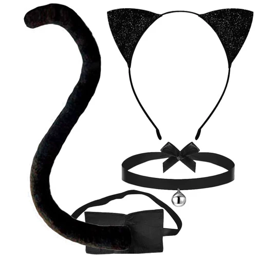 Jremreo 3-Piece Black Cat Ears and Tail Costume Accessory Set - Cat Ears Headband, Long Tail, and Bell Choker Necklace for Halloween, Dress-Up Parties, Cosplay, and Animal-Themed Party Supplies