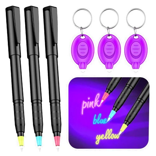 Uniclife 3 Pcs Invisible Ink Pen with 3 Pcs UV LED Keychain Flashlight, Spy Pen, Disappearing Ink Magic Pen for Secret Notes, Magic Spy Marker with Purple Light for Christmas Halloween Holiday Present