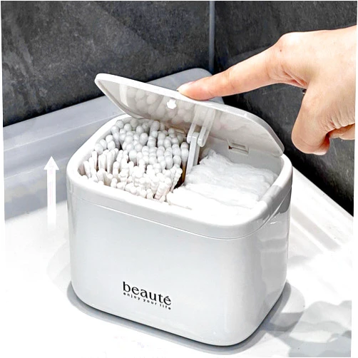 SIROLISA Pop-Up Q-Tip Holder Cotton Pad Dispenser, Wall Mounted or Countertop Bathroom Organizer Box, Automatic Lifting Storage, cotton swab container，Dustproof 4-Grid Vanity Container for Qtip, Floss(White)