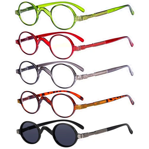Eyekepper 5-pack Spring Temple Vintage Mini Small Oval Round Reading Glasses include Sunshine Readers +1.5