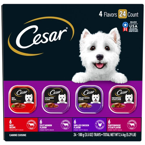 Cesar Wet Dog Food CESAR Adult Wet Dog Food Classic Loaf in Sauce Beef Recipe, Filet Mignon, Grilled Chicken and Porterhouse Steak Variety Pack, 3.5 oz. Easy Peel Trays (Pack of 24)