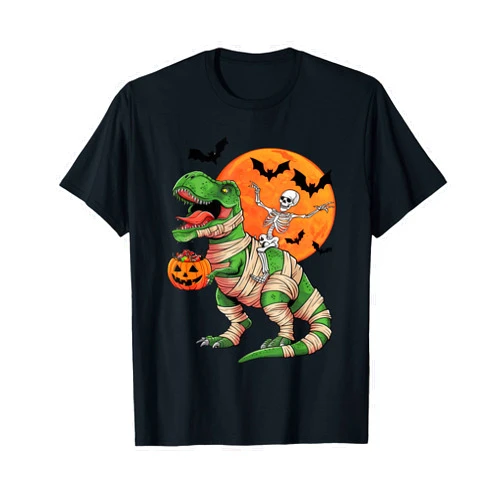 Skeleton Riding Mummy Dinosaur Apparel Boys Gifts Funny Skeleton Riding Mummy Dinosaur Pumpkin Boys Halloween T-Shirt