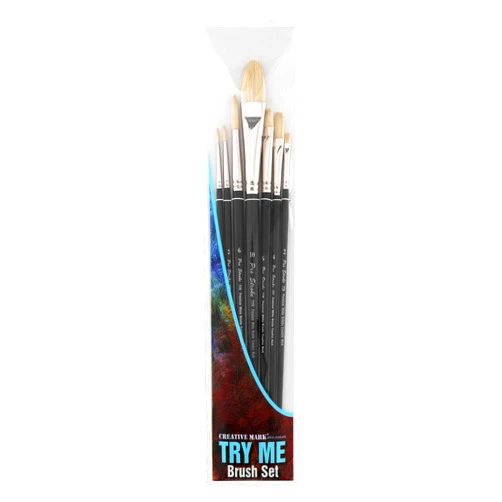 Creative Mark Pro Stroke Premium White Chungking Hog Bristle Artist Paint Brush - Try-Me Set of 7 - Natural Bristle Brush w/Great Control Suitable for Oils, Watercolors, Acrylics, Alkyds, Caseins