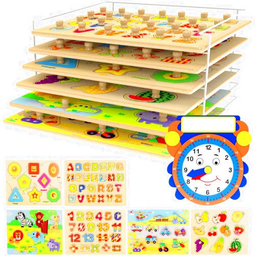Asher and Olivia Premium Puzzles for Toddlers and Rack Set - (7 Pack) includes 1 Learning Clock - 6 Alphabet, Numbers, Shapes, Animals, Cars, Fruits Puzzles